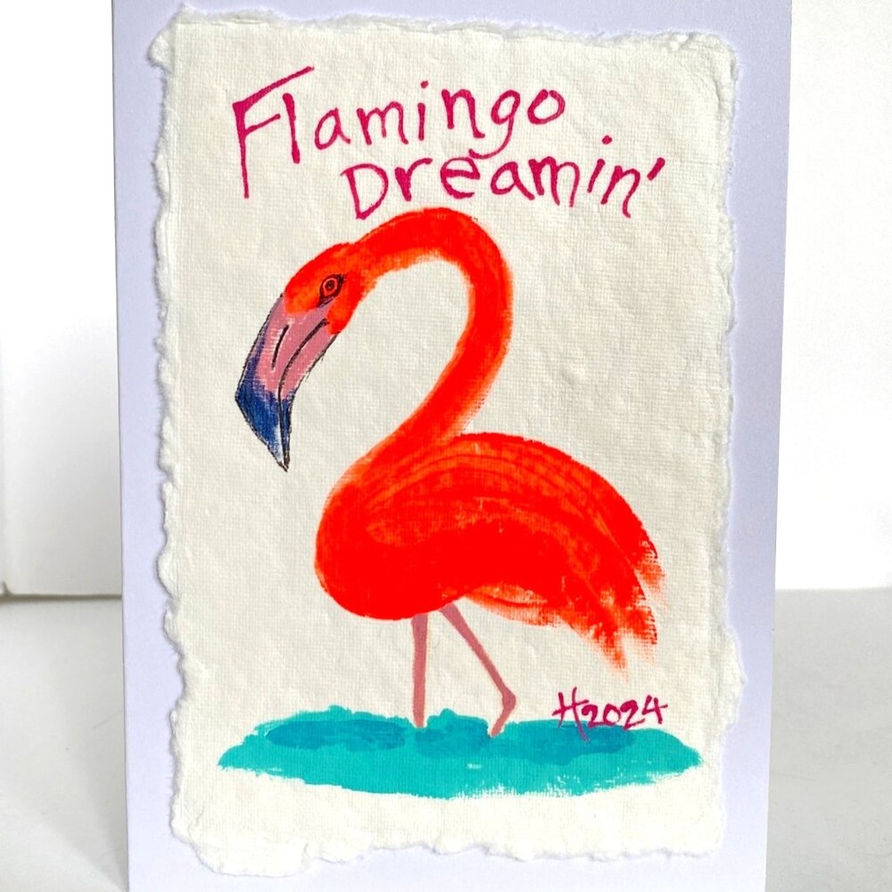 Flamingo Painting Art Handmade Original Blank Greeting Card and Envelope